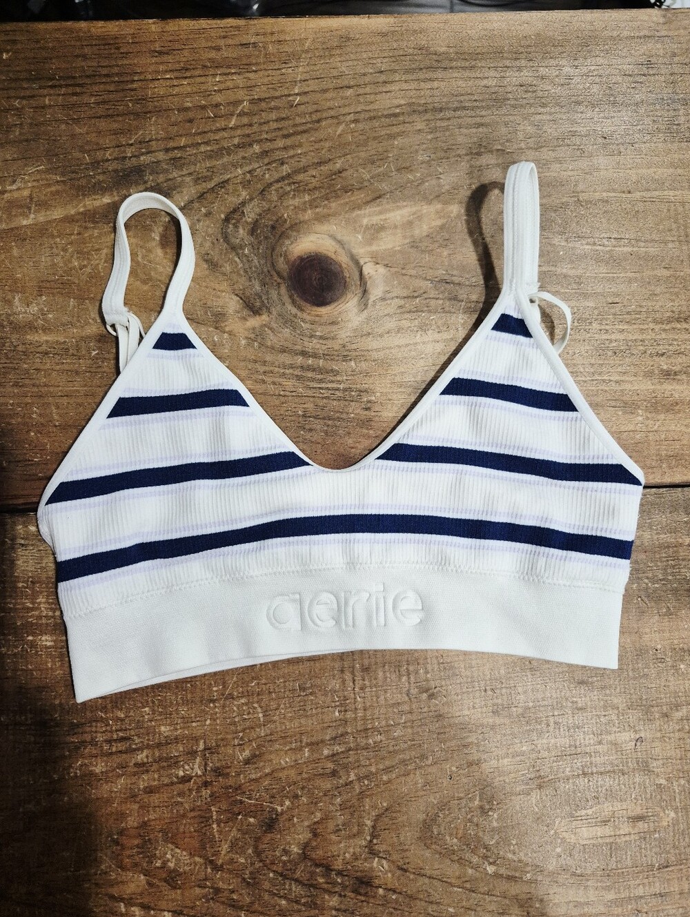 Aerie White & Navy Striped Ribbed Bralette Top